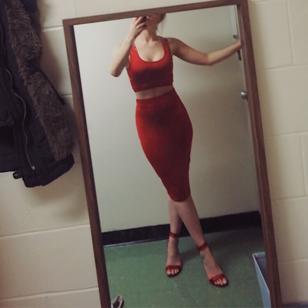 Red bodycon two piece midi dress